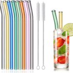 8 Pcs Reusable Glass Straws, 8"x8mm Eco-friendly Drinking Straws for Smoothies, Milkshakes, Tea, Juice, Cocktails - Multi-Color Mixed (8Pcs Bent)