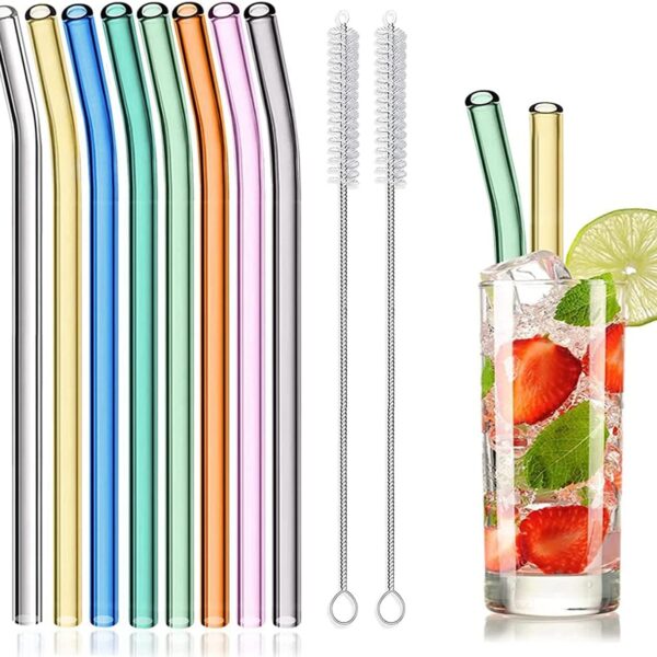 8 Pcs Reusable Glass Straws, 8"x8mm Eco-friendly Drinking Straws for Smoothies, Milkshakes, Tea, Juice, Cocktails - Multi-Color Mixed (8Pcs Bent)
