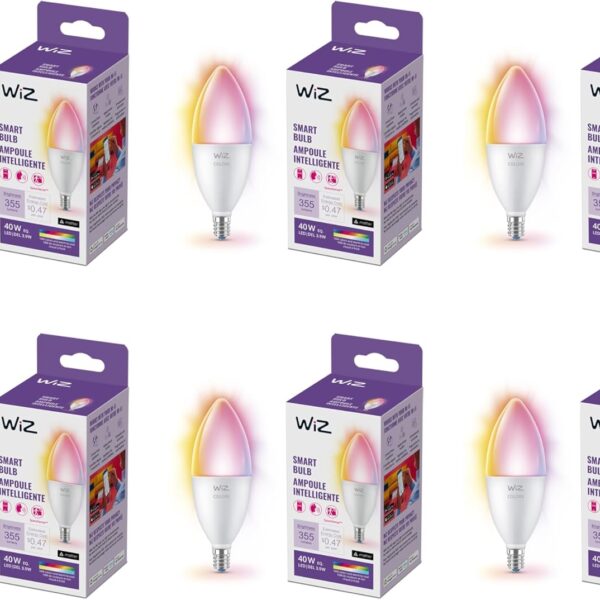 WiZ 40W B12 Candle Bulb Light, 6-Pack Smart Bulbs, Indoor E12 LED Color Changing Lights, Connects to Wi-Fi, Control with Voice, App, Activate by Motion, Matter Compatible