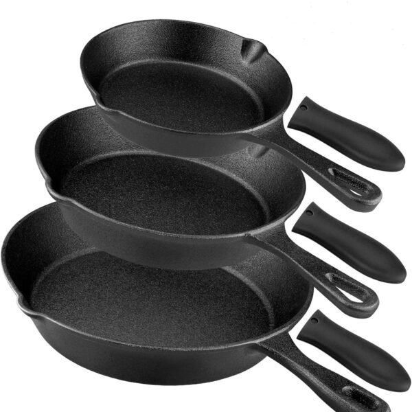 Pre-Seasoned Cast Iron Skillet Set - 3 Piece Frying Pan With Heat-Resistant Handles (6, 8, 10 Inch) for Frying, Saute, Pizza, Oven Safe (Black)