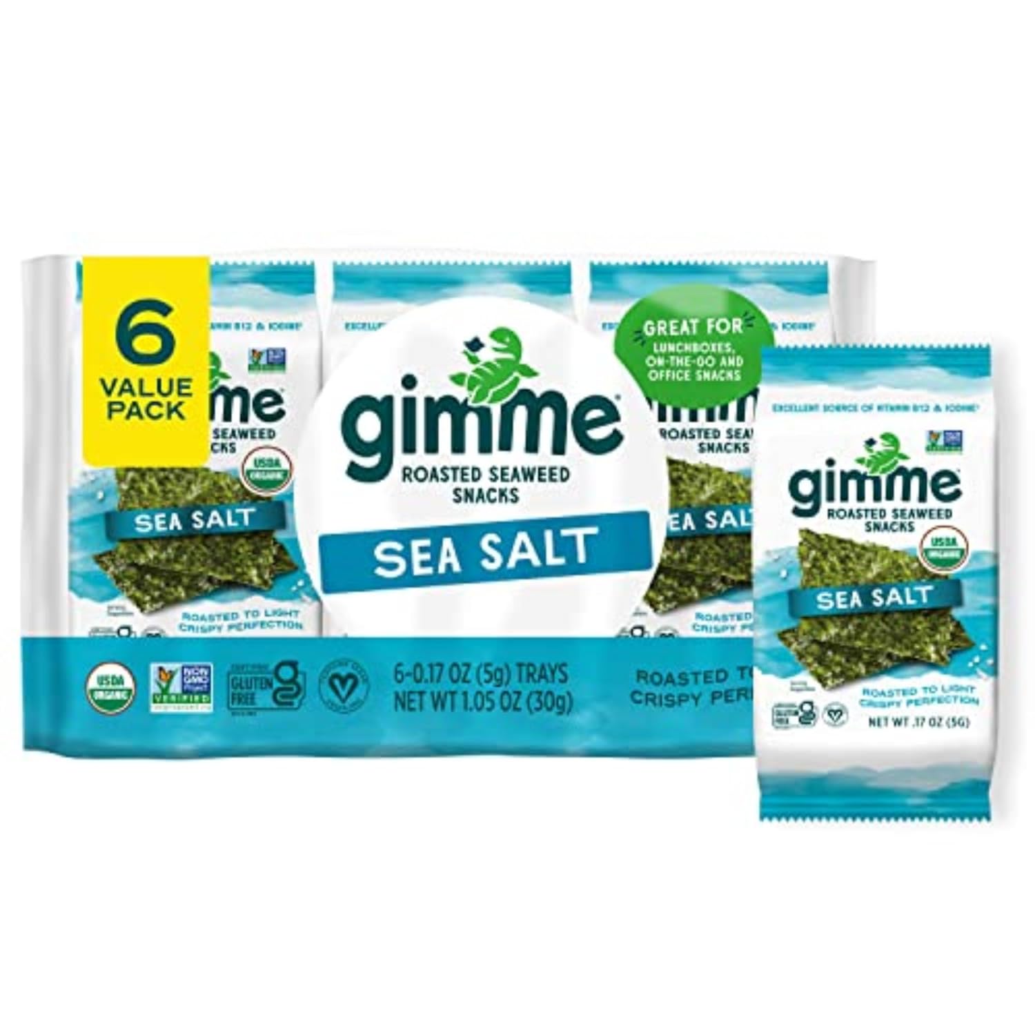 Gimme Seaweed Organic Premium Roasted Seaweed Snacks, Sea Salt, 6 Count, Keto, Vegan, Gluten-Free, Great Source of Omega3s and Iodine, Healthy On-The-Go Snack for Kids and Adults Gimme Seaweed Organic Premium Roasted Seaweed Snacks, Sea Salt, 6 Count, Keto, Vegan, Gluten-Free, Great Source of Omega3s and Iodine, Healthy On-The-Go Snack for Kids and Adults