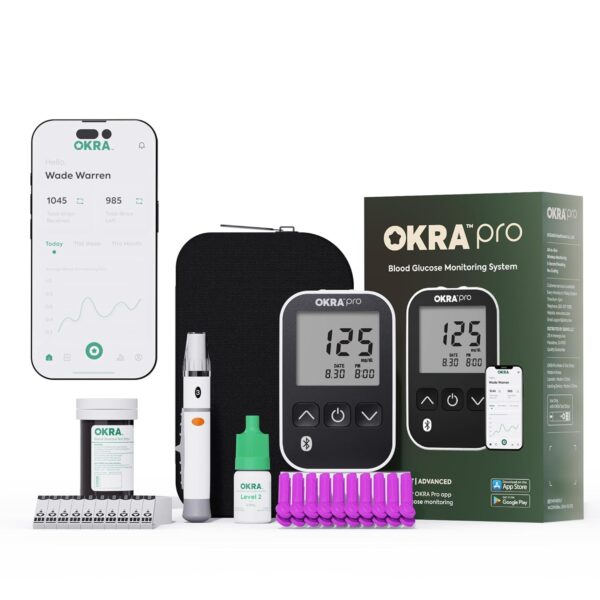 OKRA PRO Blood Sugar Monitor Kit  5s Fast Glucose Results, No Coding, Strip Ejection, App for Tracking, 25 Test Strips, Home Diabetes Testing
