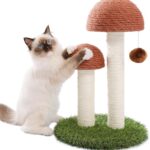 PETEPELA Cat Scratching Post, Mushroom Tall Cat Scratcher Featuring with Natural Sisal Scratching Poles and Interactive Toy Ball for Kittens and Small Cats (Brown)