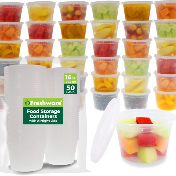Freshware Food Storage Containers [50 Set] 16 oz Plastic Deli Containers with Lids, Slime, Soup, Meal Prep Containers | BPA Free | Stackable | Leakproof | Microwave/Dishwasher/Freezer Safe