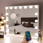 Hansong Vanity Mirror with Lights: Hollywood Lighted Makeup Mirror with 15 LED Bulbs, 22.8''x18'' Light Up Mirror with 3 Colors Modes for Desk, Large Mirrors with USB Charging Port for Bedroom, White