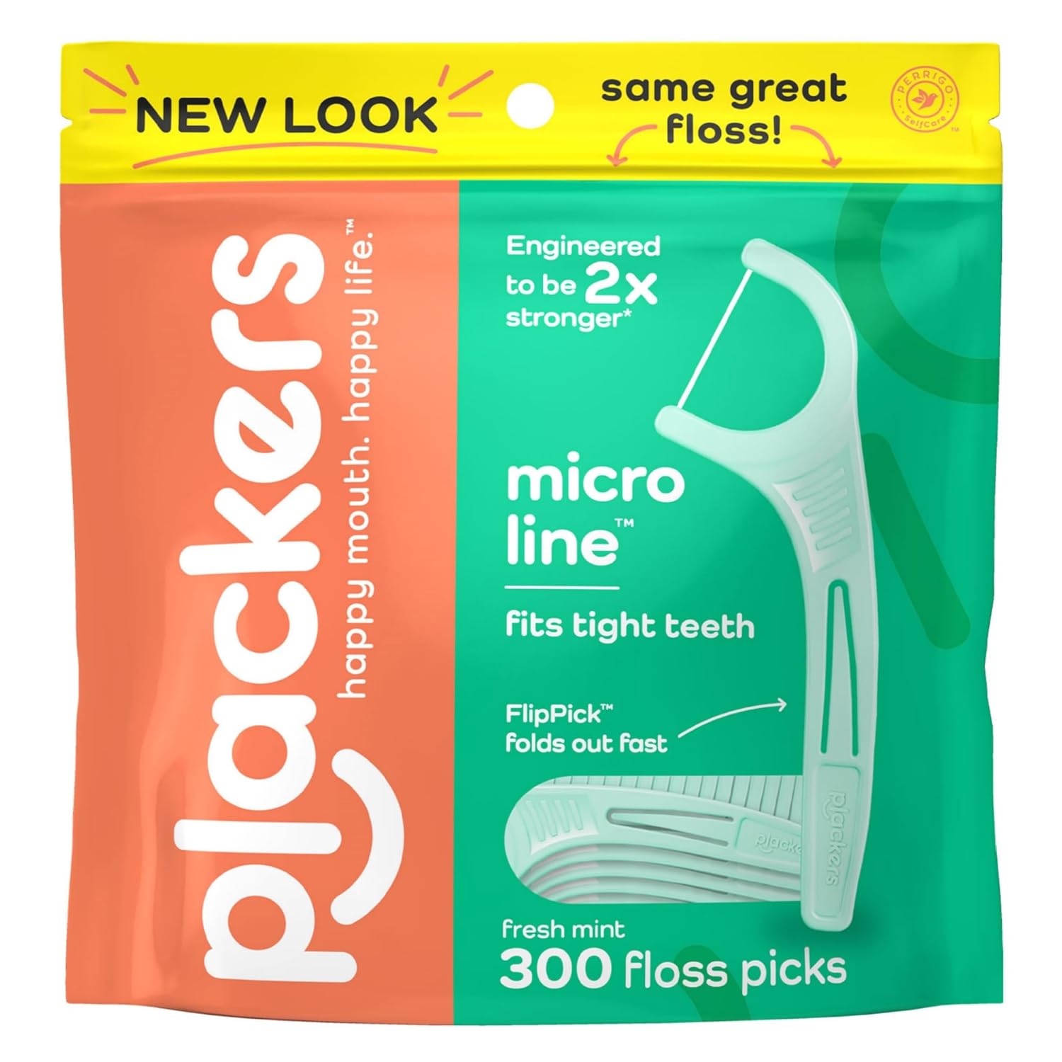 Plackers Micro Line Dental Floss Picks, Fold-Out FlipPick, Tuffloss, Easy Storage with Sure-Zip Seal, Fresh Mint Flavor, 300 Count Plackers Micro Line Dental Floss Picks, Fold-Out FlipPick, Tuffloss, Easy Storage with Sure-Zip Seal, Fresh Mint Flavor, 300 Count