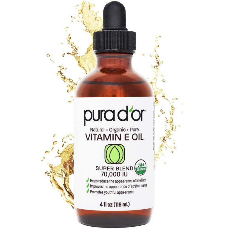 PURA D'OR 4 Oz Organic Vitamin E Oil 70,000 IU, USDA Certified Face, Body, Hair & Bath Oil with Argan, Jojoba, Rosehip, Apricot, Almond & Avocado, Lightweight Moisturizing Blend for Soft, Smooth Skin
