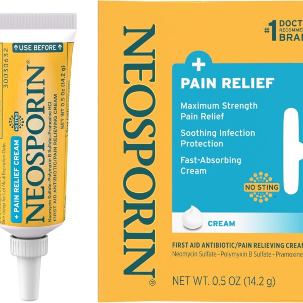 Neosporin + Maximum-Strength Pain Relief Dual Action Cream, First Aid Topical Antibiotic & Analgesic Cream for Soothing Infection Protection & Wound Care of Minor Cuts, Scrapes & Burns, .5 oz, 2 Pack