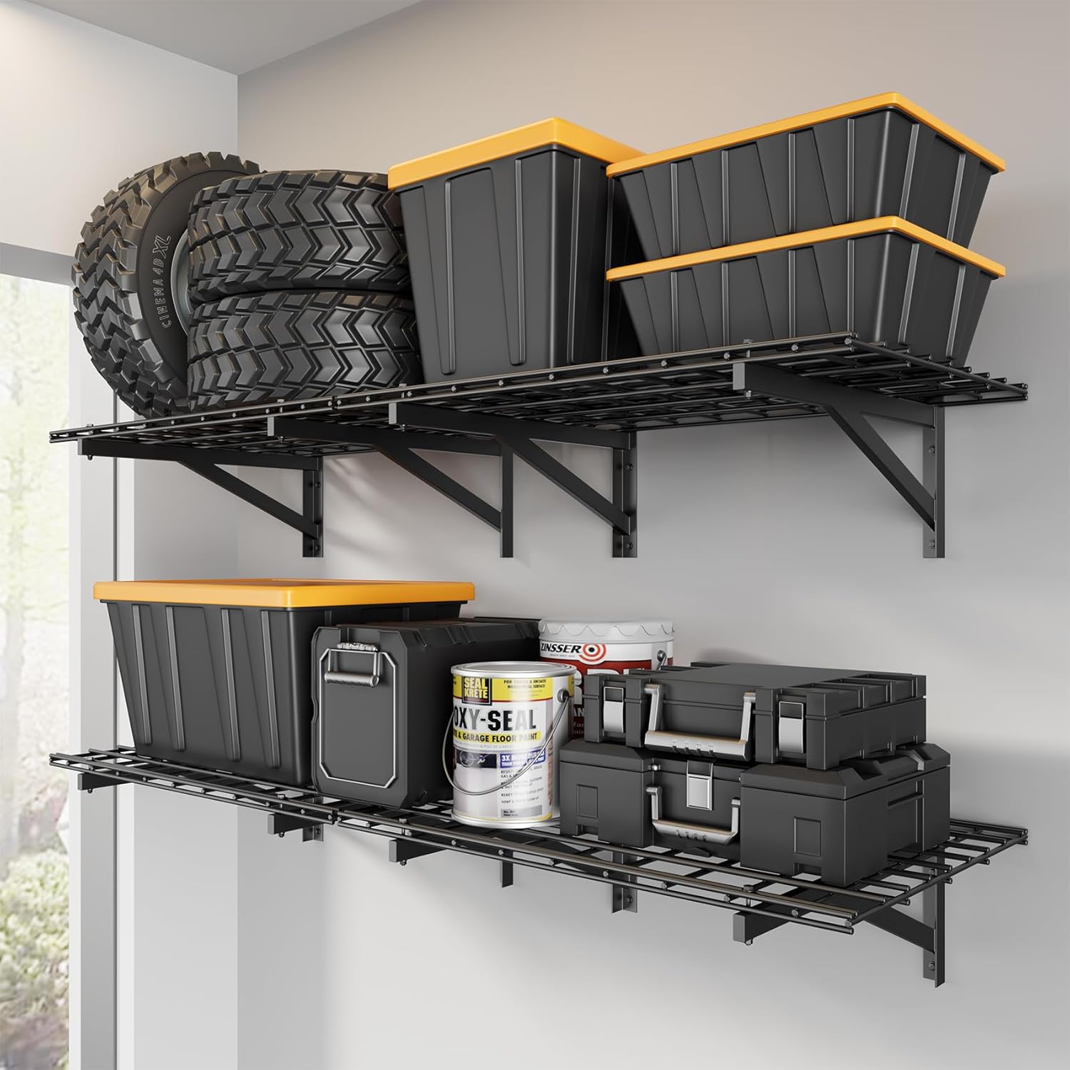 4 Pack Heavy Duty Garage Wall Shelving Set (2x3ft), Wall Mounted Garage Shelves 1400lbs Capacity, 24"x72" Shelf Storage Rack Floating Shelves, Black 4 Pack Heavy Duty Garage Wall Shelving Set (2x3ft), Wall Mounted Garage Shelves 1400lbs Capacity, 24"x72" Shelf Storage Rack Floating Shelves, Black