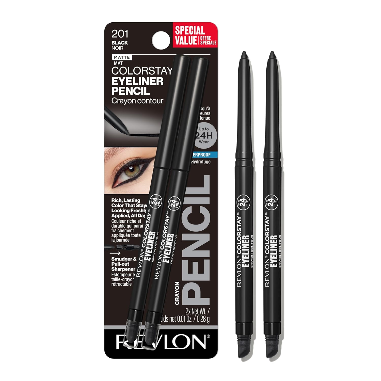 Revlon ColorStay Pencil Waterproof Eyeliner, Smudge-Proof, Eye Makeup with Built-In Sharpener, 201 Black, 2 pack Revlon ColorStay Pencil Waterproof Eyeliner, Smudge-Proof, Eye Makeup with Built-In Sharpener, 201 Black, 2 pack