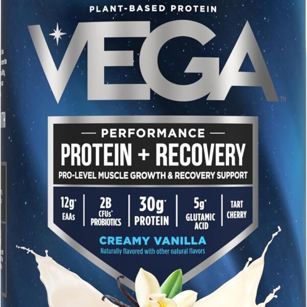 Vega Sport Vegan Protein Powder + Recovery - 30g Plant Based Protein per Serving, Vanilla, 20 Servings, 5g BCAAs, Probiotics, NSF Certified, for Shakes & Smoothies, 1.8lbs (Packaging May Vary)