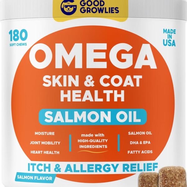 Omega 3 Fish Oil for Dogs (180Ct) - Skin&Coat Chews - Dry & Itchy Skin Relief + Allergy Support - Shiny Coat - EPA&DHA Fatty Acids - Salmon Oil Chews Promotes Heart