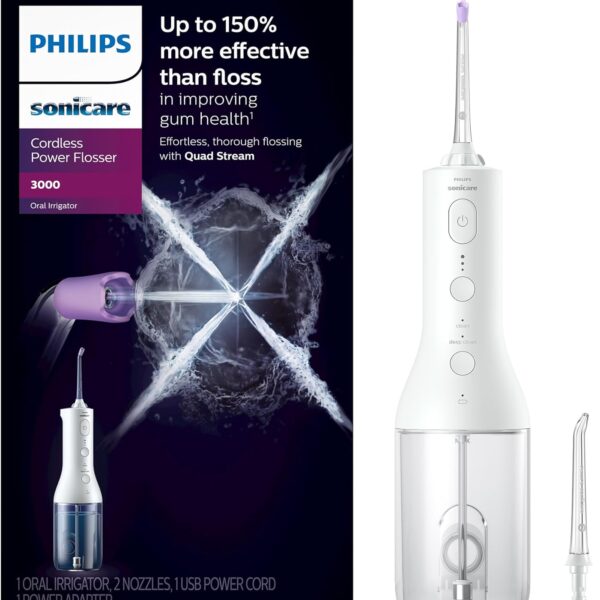 Philips Sonicare Cordless Power Flosser 3000 - Water Flosser with Innovative Quad Stream Technology, Oral Irrigator with 2 Flossing Modes and 3 Pressure Levels, IPX7 Waterproof, White, HX3826/21