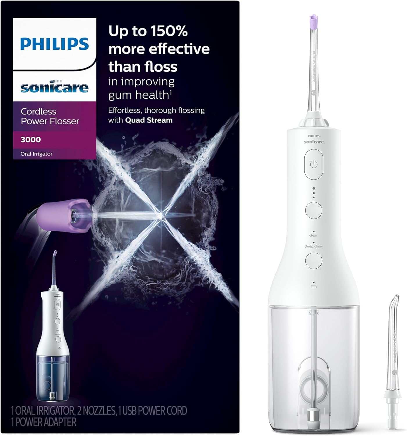 Philips Sonicare Cordless Power Flosser 3000 - Water Flosser with Innovative Quad Stream Technology, Oral Irrigator with 2 Flossing Modes and 3 Pressure Levels, IPX7 Waterproof, White, HX3826/21 Philips Sonicare Cordless Power Flosser 3000 - Water Flosser with Innovative Quad Stream Technology, Oral Irrigator with 2 Flossing Modes and 3 Pressure Levels, IPX7 Waterproof, White, HX3826/21