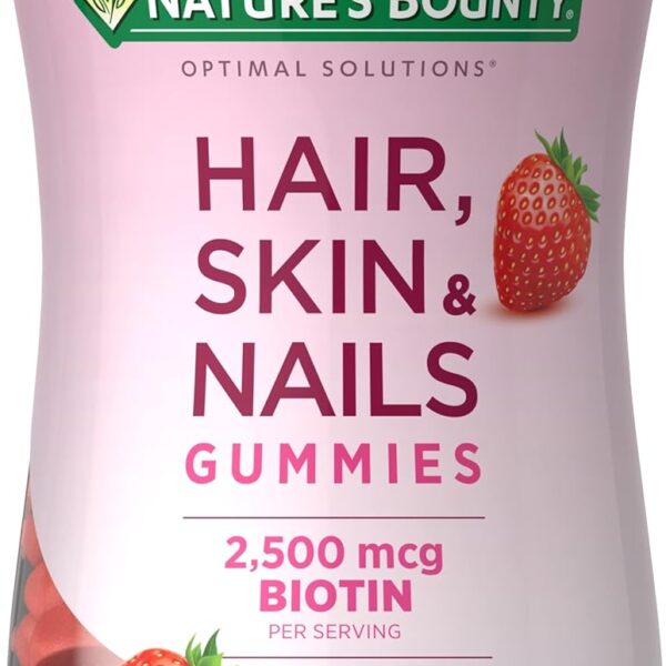 Nature's Bounty Optimal Solutions Hair, Skin and Nails Gummies with Biotin, 2500 mcg, Strawberry Flavored, 200 Count, 100 Total Servings