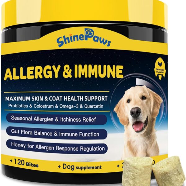 Dog Allergy Relief Chews, Itch Relief for Dogs, Colostrum, Probiotics for Dogs Support Immunity, Omega 3, Honey for Dry & Itchy Skin Relief, Seasonal Allergy, Pawlicking, Hot Spot Treatment, 120 Bites