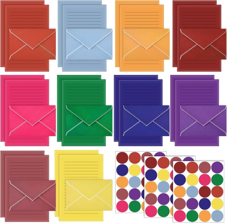 TaoBary 160 Packs Stationery Paper Set (50 Double Sided Stationery Writing Papers 50 Matching Envelopes) 60 Round Dot Sticker, 10 Design (Bright Color)