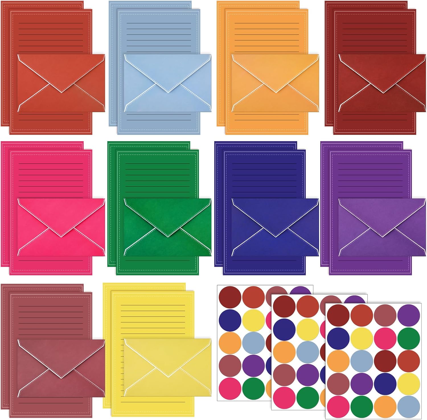TaoBary 160 Packs Stationery Paper Set (50 Double Sided Stationery Writing Papers 50 Matching Envelopes) 60 Round Dot Sticker, 10 Design (Bright Color) TaoBary 160 Packs Stationery Paper Set (50 Double Sided Stationery Writing Papers 50 Matching Envelopes) 60 Round Dot Sticker, 10 Design (Bright Color)