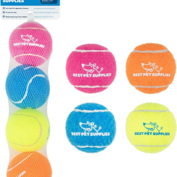 Best Pet Supplies Interactive Squeaky Dog Chew Toy, Ideal Dog Toys for Chewers, Small, Medium & Large Dogs, and Fetch Lovers - Tennis (Assorted Color), Medium (Pack of 4)