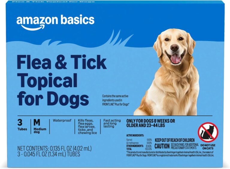 Amazon Basics Preventative Flea and Tick Topical Treatment for Dogs, Medium Dog (23-44 lbs), Fast Acting and Long Lasting, 3 Counts, Packaging May Vary