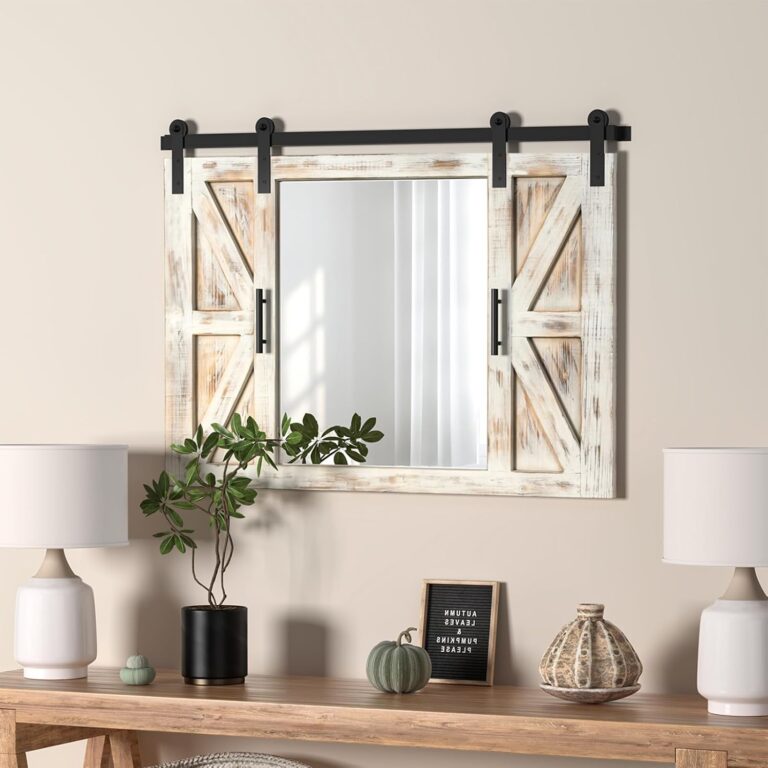 COGOOD Farmhouse Barn Door Mirror - 37" x 26" Rustic Wood Framed Mirror Wall Decor for Dining Room, Bathroom, Living Room, Bedroom Decorative, Rustic White