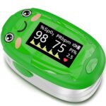Pulse Oximeter for Kids, Adorable Animal Children Oxygen Monitor Fingertip with 20  Memory, 4 Color OLED Display Blood Oxygen Saturation Monitor with Alarm, Batteries and Lanyard (Green)