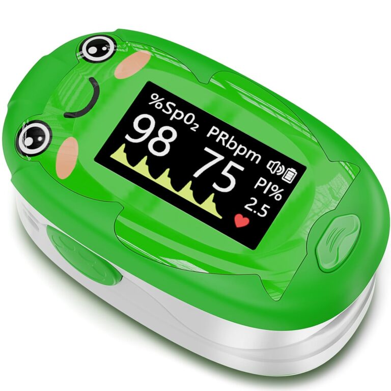 Pulse Oximeter for Kids, Adorable Animal Children Oxygen Monitor Fingertip with 20  Memory, 4 Color OLED Display Blood Oxygen Saturation Monitor with Alarm, Batteries and Lanyard (Green)
