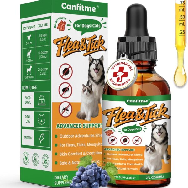 Natural Oral Flea and Tick Prevention for Dogs and Cats, Bacon Flavor Liquid Drops with Multivitamin-Flea and Tick Treatment and Defense Supplement for Pets of All Breeds and Ages