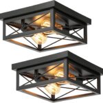 2-Light Industrial Square Flush Mount Ceiling Light, Farmhouse Ceiling Light Fixture for Kitchen, Modern Black Close to Ceiling Light for Hallway Bedroom Balcony Porch Stairway, E26, 2-Pack