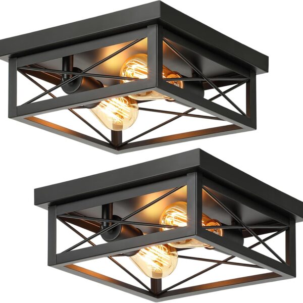 2-Light Industrial Square Flush Mount Ceiling Light, Farmhouse Ceiling Light Fixture for Kitchen, Modern Black Close to Ceiling Light for Hallway Bedroom Balcony Porch Stairway, E26, 2-Pack