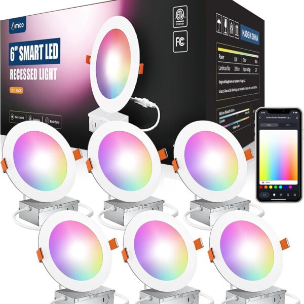 Amico 6 Pack 6 Inch Smart LED Recessed Lighting, WiFi Canless Downlight with Junction Box, RGB & 2700-6500K Color Changing, 12W=110W 1000LM, Voice&Remote&Group Control