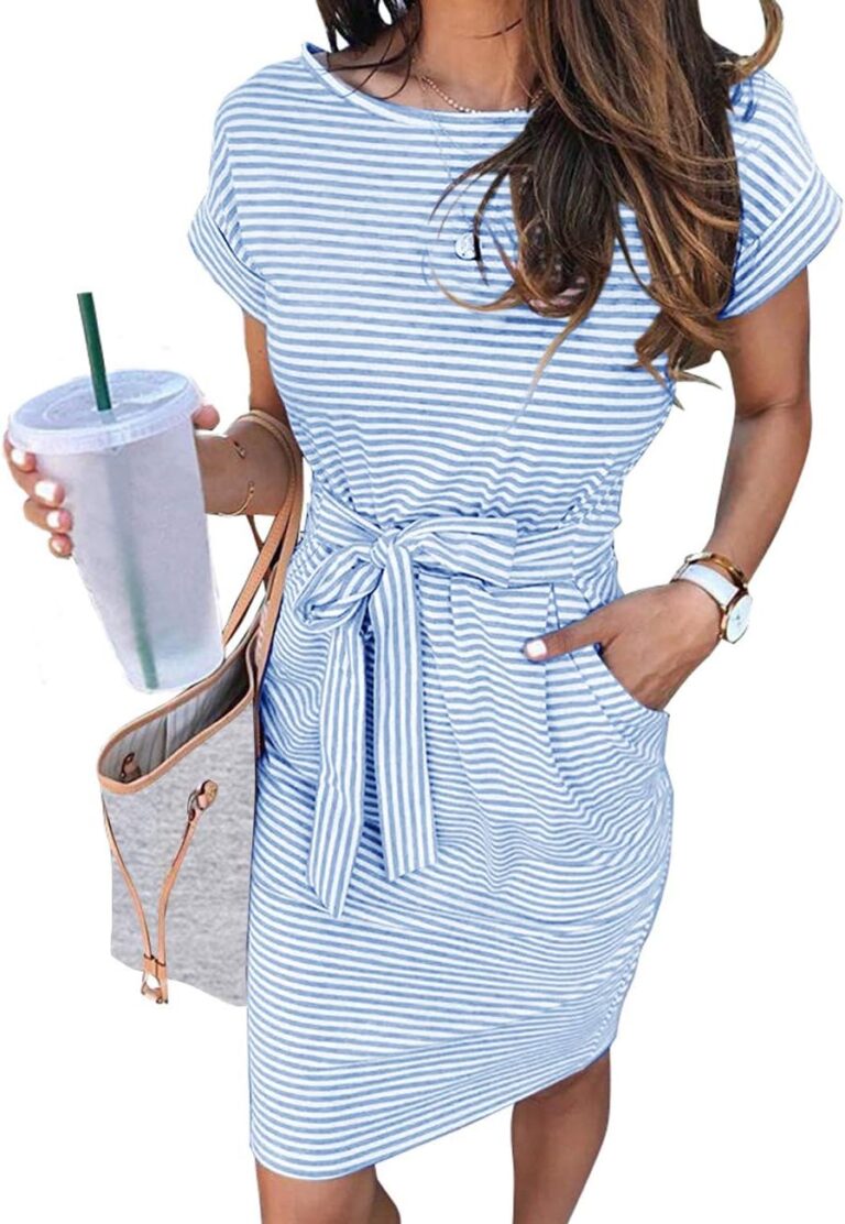 MEROKEETY Women's 2026 Summer Casual T Shirt Dress Short Sleeve Striped Tie Waist Work Vacation Trendy Short Dresses
