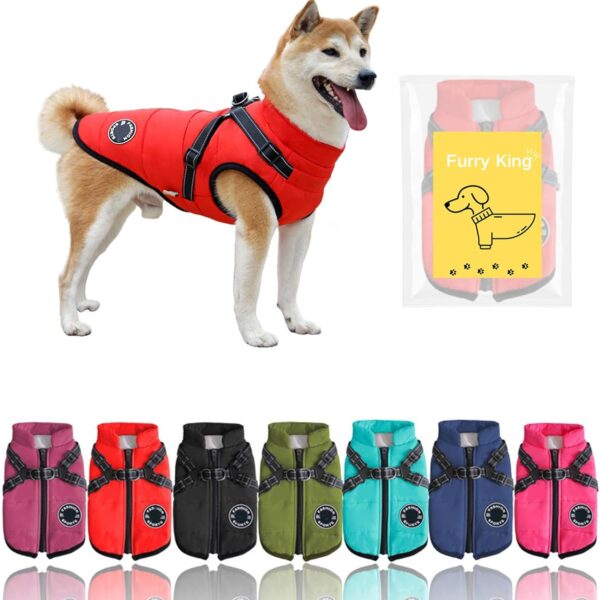 Furry King Dog Winter Coat with Harness, 7 Colors, Waterproof, Fleece Lined. (Red, 5XL)