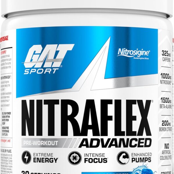 GAT SPORT Nitraflex Advanced Pre-Workout Powder, Increases Blood Flow, Boosts Strength and Energy, Improves Exercise Performance, (Blue Raspberry, 30 Servings)