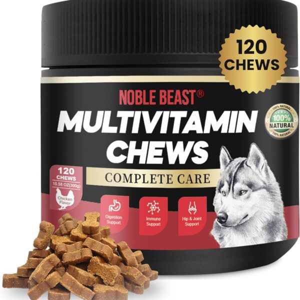 Noble Beast Dog Multivitamin Supplements, Soft Chews with Probiotics, Glucosamine Chondroitin Joint Support, Digestive Enzymes, Immune Support Vitamins for Skin & Coat, Chicken Flavor - 120 Count