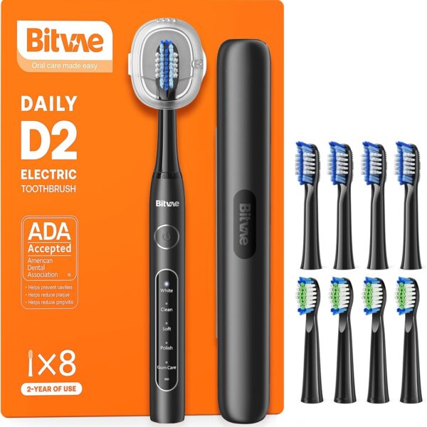 Bitvae ADA Accepted Electric Toothbrush, Travel Toothbrush Rechargeable for Adults and Kids, 60-Day Battery, 5 Modes, 8 Heads, Portable Travel Case & Holder, Shadow Black