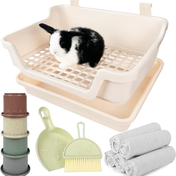 Large Rabbit Litter Box w/Plastic Grid & Dump Tray-Bunny Litter Pan Small Animal Potty Toilet - Pet Bunny Supplies Rabbit Cage Accessories for Training Corner Litter Box (Cream)
