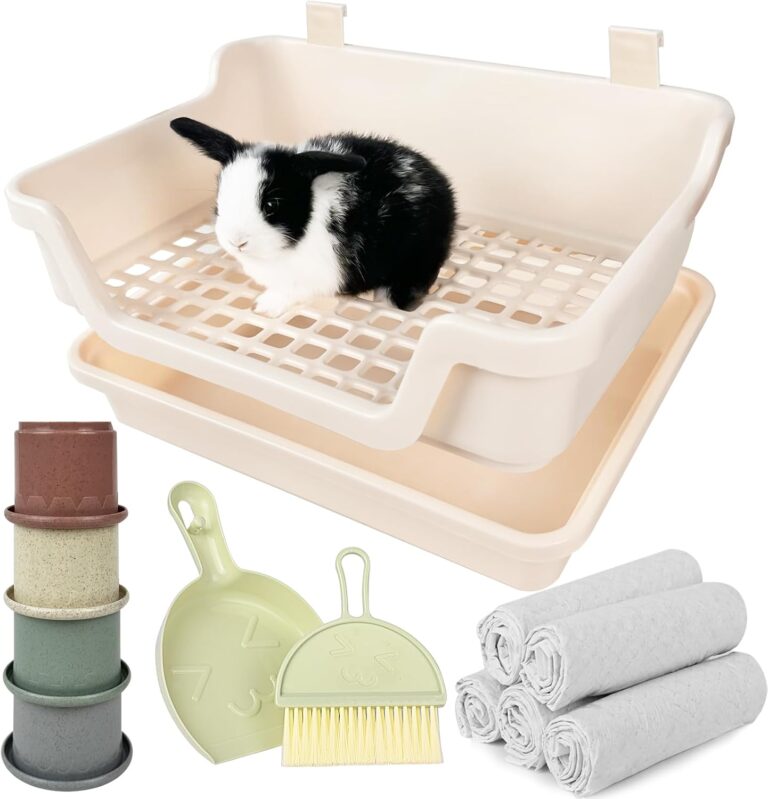 Large Rabbit Litter Box w/Plastic Grid & Dump Tray-Bunny Litter Pan Small Animal Potty Toilet - Pet Bunny Supplies Rabbit Cage Accessories for Training Corner Litter Box (Cream)