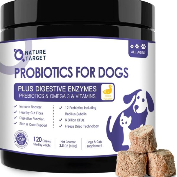 NATURE TARGET Probiotics for Dogs, Duck Flavored Dog Probiotics with Prebiotics and Digestive Enzymes for Dog Gut Health, Vitamins and Omega 3 for Skin & Coat & Immune Health - 120 Treats