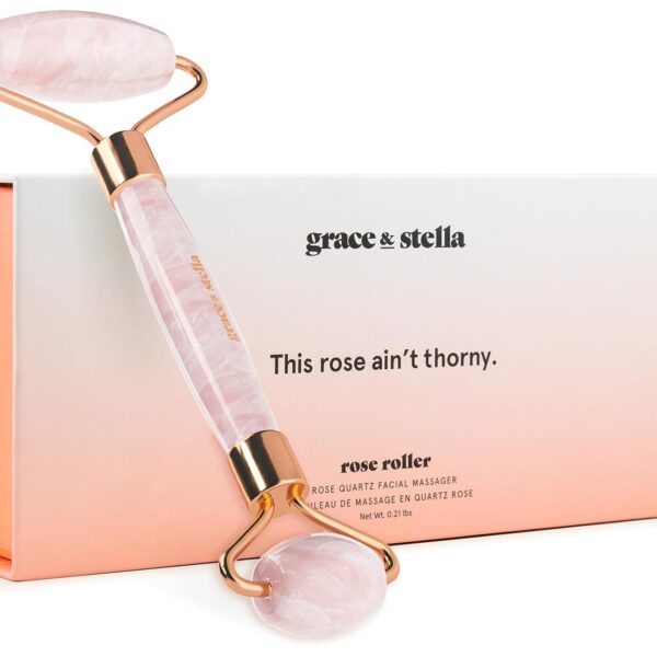 Rose Quartz Face Roller - Face Roller Skin Care - Facial Roller - Stone Roller For Face - Face Massager Roller For Lymphatic Drainage, Puffiness - Quartz Roller For Face by grace and stella