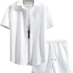 GORGLITTER Men's 2 Piece Outfits Waffle Knit Button Down Shirt Top and Shorts Set