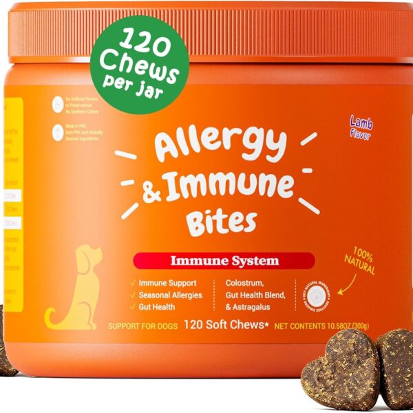 Multi-Symptom Dog Allergy Relief Chews with Probiotics - Soothe Itching, Ears, Paws - Lamb Flavored, 120ct