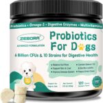 Probiotics for Dogs Digestive Health, Dog Probiotics and Digestive Enzymes, Prebiotics, Omega-3 & 6 and Vitamin for Dogs, 6 Billion CFUs for Gut Health and Immune Support, 120 Chews