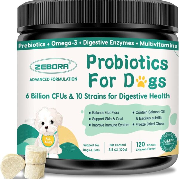 Probiotics for Dogs Digestive Health, Dog Probiotics and Digestive Enzymes, Prebiotics, Omega-3 & 6 and Vitamin for Dogs, 6 Billion CFUs for Gut Health and Immune Support, 120 Chews