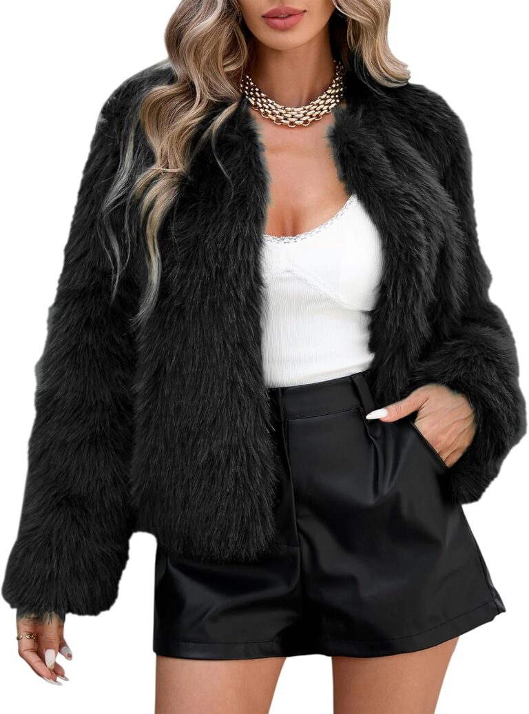 Zando Faux Fur Coats for Women 2026 - Cropped Faux Fur Jacket Women Outwear Long Sleeve Pockets Shaggy Warm Winter Coats