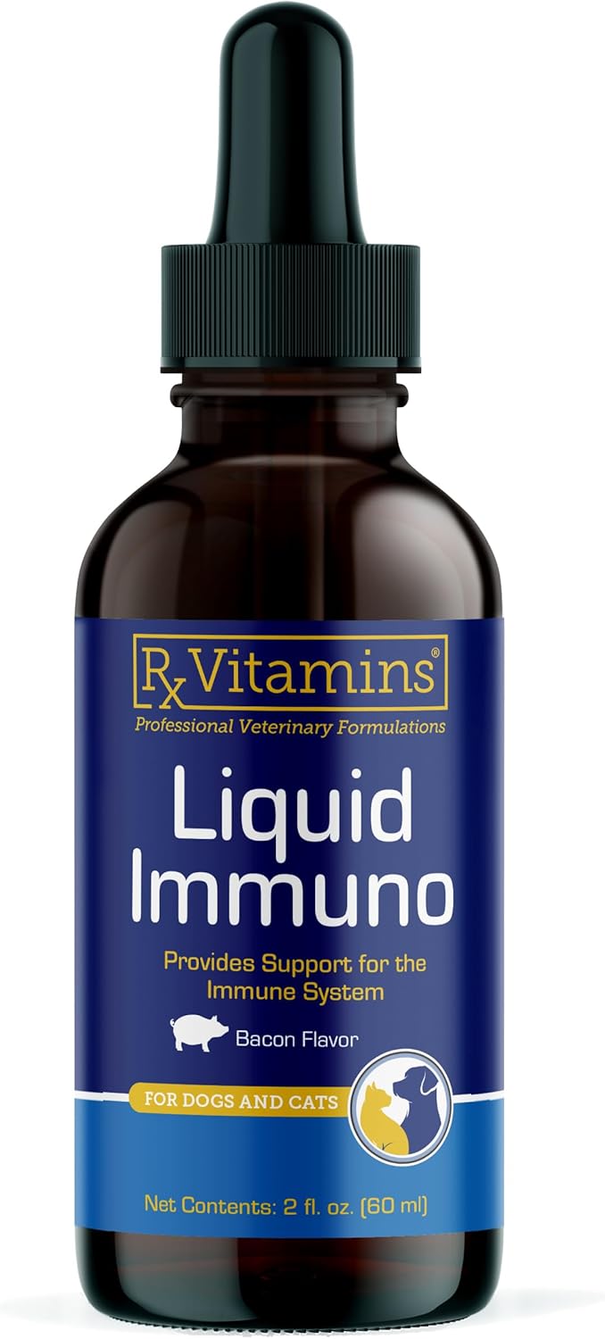 Rx Vitamins Liquid Immuno - with L-Lysine for Cats and Dog Health - Reishi Mushroom Supplement for Dogs & Cat Immune Support - Vitamins and Eye Supplements with Lutein - Bacon (2oz) Rx Vitamins Liquid Immuno - with L-Lysine for Cats and Dog Health - Reishi Mushroom Supplement for Dogs & Cat Immune Support - Vitamins and Eye Supplements with Lutein - Bacon (2oz)