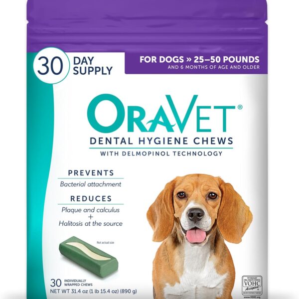 ORAVET Dental Chews for Dogs, Oral Care and Hygiene Chews (Medium Dogs, 25-50 lbs.) Purple Pouch, 30 Count
