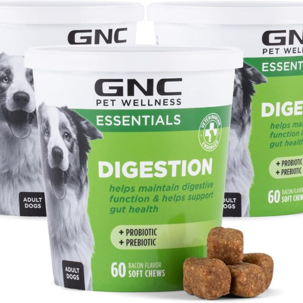 GNC Pets Essentials Dog Probiotic Soft Chews for Digestive Support, Bacon Flavor Daily Supplement with Prebiotics, Probiotics and Enzymes for Puppies and Adult Dogs in Reusable Jar, 60 Count - 3 Pack