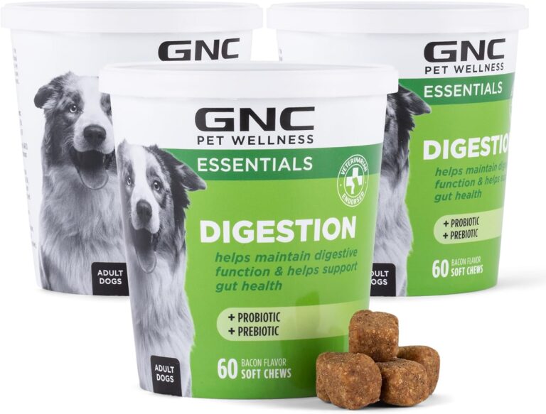 GNC Pets Essentials Dog Probiotic Soft Chews for Digestive Support, Bacon Flavor Daily Supplement with Prebiotics, Probiotics and Enzymes for Puppies and Adult Dogs in Reusable Jar, 60 Count - 3 Pack