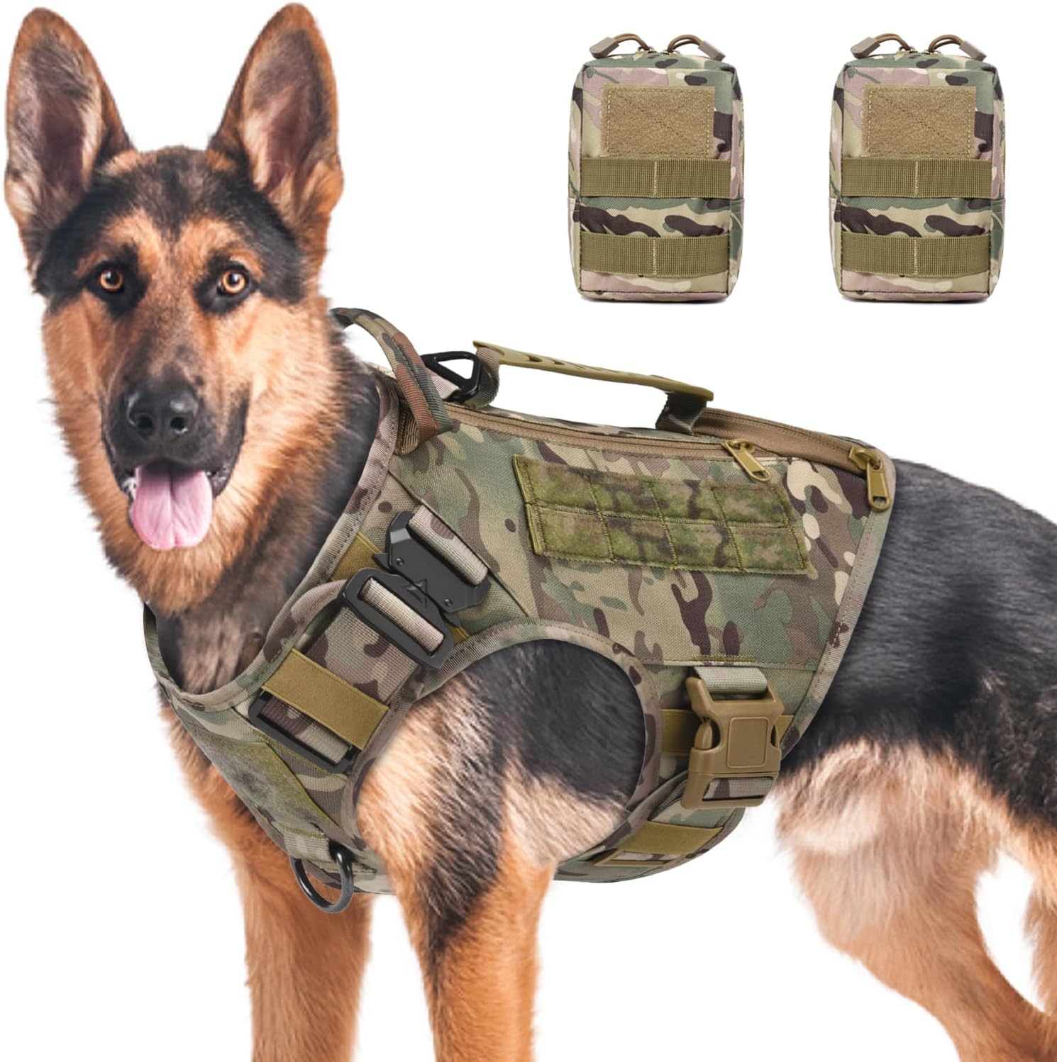 Tactical Dog Harness for Medium and Large Dogs No Pull Adjustable Dog Vest for Training Walking Military Dog Harness with Handle Service Dog Vest with Molle Panels Camouflage,L,with 2 Pouches Tactical Dog Harness for Medium and Large Dogs No Pull Adjustable Dog Vest for Training Walking Military Dog Harness with Handle Service Dog Vest with Molle Panels Camouflage,L,with 2 Pouches